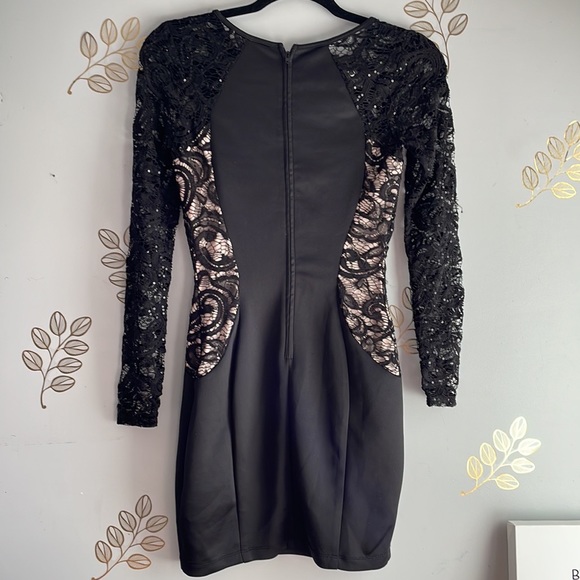 Short sequine Black Embroidered Bodycon Long Sleeve Cocktail Dress - Picture 3 of 9